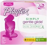 Playtex Simply Gentle Glide Tampons, Multipack (18ct Regular/18ct Super Absorbency), Fragrance-Free - 36ct