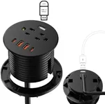 Kungfuking Desktop Power Grommet, Fast Charging Port 35W USB C, Flush Mount Recessed Outlet 3inch Hole, 1 Data Transfer,2 Outlets,4 USB Ports, Countertop Nightstand Power Strip (Black, 6FT Power Cord)