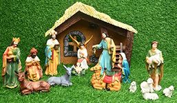 KariGhar Resin Crib Set Idol Statue for Christmas Nativity Scene, Pack - Crib House, Mary, Joseph, Baby Jesus, Angel, 3 Wise Men, The Shepherd, 7 Animals, Set of 16 Pieces, 5 Inch