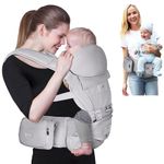 FRUITEAM Baby Carrier with Hip Seat - Ergonomic & Comfortable Baby Carrier with Head Support for Newborn to Toddler, Suitable for Parents of Different Body Types，Grey