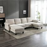 Homeify Reba 6 Seater Fabric Sectional Sofa with Ottoman for Living Room (Left Side,Beige)