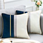 DakTou Navy Blue Velvet Cushion Covers 45 x 45 Luxury Modern Patchwork Gold Leather Striped Throw Pillow Covers Decorative Pillow Cases for Sofa Couch Car Living Room Bedroom Set of 2