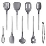 CAROTE 9PCS Kitchen Utensils Set, Silicone Kitchen Utensils Set with Stainless Steel Handle for Non-Stick Cookware Set, BPA-Free Gadgets, Dishwasher Safe, Grey