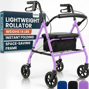 Vive Ultra Lightweight Rollator Walker with Seat - Foldable, Narrow, Rolling Senior Walker for Small Spaces - 4 Wheel Aluminum Adult Easy Drive Aid with Underseat Accessory - Weighs Only 14 Lbs