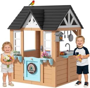 BIERUM Outdoor Playhouse for Kids - Wooden Kid Play House with Play Kitchen, Birdhouse, Flowerpot Holders and Mud Molds, Premium Wood Kids Cottage for Ages 3-8, Backyard Pretend Play, Blue & Brown