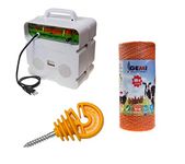 Electric Fence Complete Kit with 1 x 220V Electrifier + 1 x Wire 500 m 2.2 Mm² + 100 Isolators for Wooden Stakes – Electrified Fence for Hens Sheep Pigs Foxes Cows