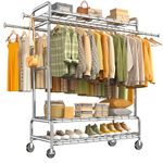 Heavy Duty Clothing Rack with Wheels - 573LBS Capacity Double Rod Clothes Rack, Extendable Rolling Closet Organizer with 3 Shelves for Wardrobe & Storage Silver)