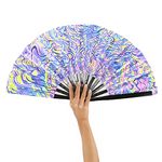 AMQTSLM UV Glow Large Rave Bamboo Folding Clack Hand Fan,Rave Hand Fan Large Folding Fans Craft Hand Fans for Men/Women Handheld Fan Dance Fan for EDM,Music Festival,Club,Freaky,Party,Gift (Waves)