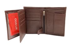 ODS:UK Mens RFID Blocking Safe Soft Leather Tri Fold Wallet Card Slots Id Window and Coin Pocket (Brown - Style 2)