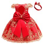 Flower Girl Dress Lace Embroidery Bowknot Princess Dress Up Tutu Bridesmaid Communion Pageant Birthday Party Prom Dresses with Headband Christening Outfit for Kids Baby Girls Gold+Red 6-12 Months