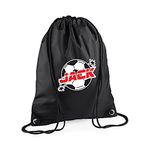 Getagift Personalised Back to School, Football/Soccer Ball Fan, Sports Player Kick Off Goal Score Gift for Boy Toddler Drawstring Bag, PE Gym Kit School, Swimming, PE Kids Sport Rucksack. (Black)