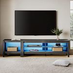LED TV Stand for TVs up to 85 Inch, Black Entertainment Center for 80 inch TV Console Table with 6 Cubby Storage for Living Room Bedroom