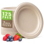 Gezond Compostable Paper Plates 7 Inch, 125pcs Disposable Heavy-Duty Plates Unbleached Biodegradable Plate Made of Sugarcane Fiber