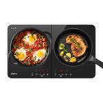 CIARRA CUTIH2 Portable Induction Hob 2800W Double Cooking Zones with Touch Control Ceramic Glass Panel 9 Power Levels Timer Child and Safety Lock Black