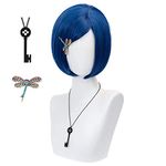 Coraline Cosplay Wig for Women, Dark Blue Bob Short straight Synthetic Wigs with Key Necklace Dragonfly Hairpin, Halloween Costume Party Cosplay Wig