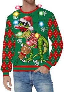 Cozople Men Ugly Christmas Sweater Cool Light-up Long Sleeve Xmas Pullover Dinosaur Snowflake Knitted Jumper Outfit Holiday Home Wear