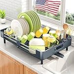 Dish Drying Rack - Expandable Dish Rack for Kitchen Counter, Large Dish Drainer, Stainless Steel Drying Dish Rack with Utensil Holder, Grey