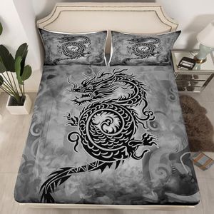 Castle Fairy Dragon Bed Sheet Set Home Decor Exotic Chinese Style Wildlife Animal Sheet Sets Deep Pocket,Vintage Black Gray Graffiti Mattress Cover,Twin Size with 1 Pillowcase
