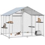 PawHut 77" H Walk-in Catio Outdoor Cat Enclosure, Large Galvanized Steel Kitty Cage House for Multiple Kittens with Waterproof Cover, 5 Adjustable Platforms, Hammock, 95" Wx76 Dx77 H