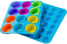 Cupcake Tray Silicone Muffin Molds Muffin Pans Mold 12 & 24 with Tray Baking Set Cups 12 Packs Mini/Large Multi Colors and Egg Whisk Non Stick, BPA Free & Dishwasher Safe Easy to Clean Red Tins (Muffin Pan)