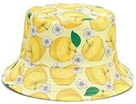 IHAUIUE Novelty Fruit Print Bucket Hats Summer Fishing Cap Reversible Packable Sun Hat for Women, Men, Pear Print Yellow Hat, One Size-Large