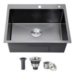 ROVOGO 24x18x9 in. Black Drop-in Kitchen Sink Single Bowl with 2 Holes, 304 Stainless Steel Top Mount Modern Sink with Drain