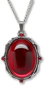 Blood Red Oval Stone In Silver Finish Pewter Frame Pendant Necklace