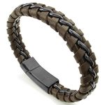 Konov Jewellery Mens Leather Stainless Steel Bracelet, Braided Bangle, Brown Black (with Gift Bag)