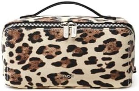 EACHY Travel Makeup Bag for Women, Large Leopard Print Cosmetic Bag with Upgraded Sturdy Zippers, Waterproof Leather Toiletry Organizer Pouch for Skincare Accessories