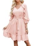 GRACE KARIN Pink Dress for Women V-Neck Summer Dresses Long Sleeves Casual Wedding Dresses M