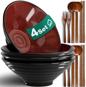 8-Inch 4 Sets Ceramic Ramen Bowl (16 Piece) - Japanese Porcelain Dishwasher Microwave Safe Salad Noodles Cereal Pasta Soup Large Bowls with Chopsticks Forks Spoons for Men Women Housewarming Gift