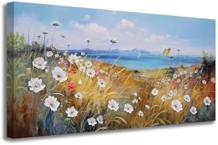 Anolyfi Large Artwork Wildflowers Picture Landscape Wall Art Coastal Daisy Florals Painting, Thanksgiving Day Gift, Textured Canvas Print for Living Room Bedroom Farm Office Home Decor 40"x20"
