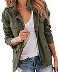 GokeJE Womens Military Jacket Zip Up Snap Buttons Lightweight Utility Anorak Field Safari Coat Outwear, Army Green, X-Large