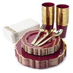 PREM-QUAL Burgundy Disposable Plates – Wine Red Plastic Plates, Includes Dinner Plates, Dessert Burgundy Plates for Party, Cups, Silverware, Napkins, for Parties & Weddings (Burgundy, 25 Guests)