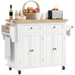 HOMCOM Kitchen Island on Wheels, Rolling Cart with Rubber Wood Top, Spice Rack, Towel Rack and Drawers, Cream White