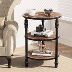 GarveeHome Round End Table with Storage Shelves, 3-Tier Round Farmhouse Side Table w/Mental Support Legs, Rustic End Table Accent Nighstands for Living Room Bedroom (B, Rustic Brown)