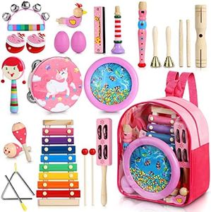 Jojoin 25PCS Instrument de Musique Enfant, Rose Percussion en Bois pour Bébé avec Xylophone, Tambourin, Ocean Wave Bead Drum, Jouet en Bois Musique, Jouets Musicaux avec Sac de Transport, 3+ Ans