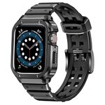 MioHHR Metal Case with Strap Compatible Apple Watch Straps 44mm with Bumper,Mens Stainless Steel Rugged Protective Cover with TPU Band for iWatch Series 6 5 4 SE (Black,44mm)