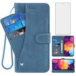 Compatible with Samsung Galaxy A50 A50S A30S Wallet Case and Tempered Glass Screen Protector Flip Cover Credit Card Holder Cell Phone Cases for Glaxay A 50 50S 30S Gaxaly S50 50A SM A505G Women Blue