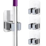 Tikplus Mop Broom Holder, 3 Pcs Self Adhesive Mop Holders Stainless Steel, No Drilling Garden Tool Organizer for Bathroom, Kitchen, Office, Closet, Garage, Silver