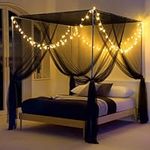 Twinkle Star 4 Corner Mosquito Net Black Canopy with 100 LED Star String Lights Battery Operated, Bed Curtains for Full/Queen/King Size Bed Halloween Decoration