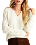 GRACE KARIN Womens Sweater 2024 Long Sleeve V Neck Pullover Sweater Casual Crochet Knitwear Tunic Fall Tops Ivory L