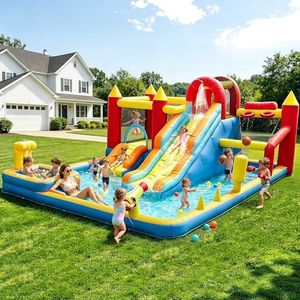 Sunnyfree Inflatable Bounce House with Double Water Slides, 13 in 1 Multi-Play Bounce House w/550W Blower, Splash Pools, Water Cannon, Climbing, Fishing Water Park, Blue