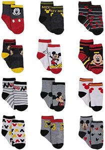 Disney Baby Boys Socks - 12 Pack Soft Newborn Baby Socks Character Prints - Cute Newborn and Infant Socks (0-24M), Size 6-12 Months, Mickey Black/Red