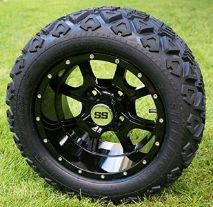 12" STALKER Gloss Black Golf Cart Wheels and 20x10-12 DOT All Terrain Golf Cart Tires - Set of 4 - NO LIFT REQUIRED (read description)