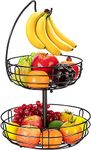 Fuleadture 2-Tier Fruit Basket with Banana Hanger, Detachable Wire Fruit Vegetables Bowl, Countertop Kitchen Storage Basket for Fruits Vegetables Snacks Breads Eggs, Black