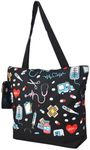 NGIL Medium Top Zipper Closure Canvas Tote Bag with Attached Matching Coin Purse For Moms and Nurses (Nurse Print-Black)