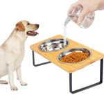 FTKINGDER Elevated Dog Bowls - Double 54 oz Bowls， Bamboo 15° Tilted Raised Dog Bowl Stand with 2 Stainless Steel Bowls for Small & Medium Dogs, Indoor Dogs and Adult Cats Feeder
