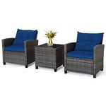 RELAX4LIFE Wicker Patio Furniture Sets - 3 Pieces Rattan Sofa Set, Outdoor Conversation Set with Tempered Glass Tabletop, Heavy-Duty Steel Frame, Wicker Chair Set for Poolside, Backyard (Blue)