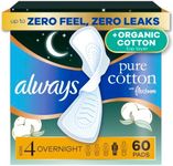 Always Pure Cotton FlexFoam Pads for Women, Size 4, Overnight Pad with Wings, Unscented, Made with an Organic Cotton Top Layer, 20 Count
